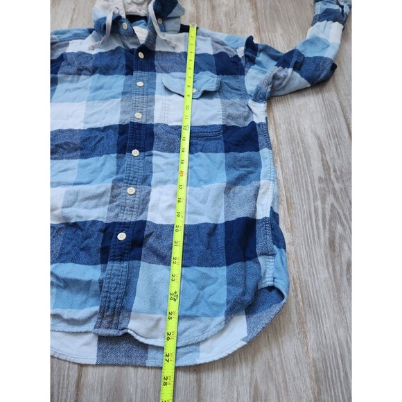 American Eagle Super Soft Flannel Removable Hood Blue Plaid Drawstring Warm Sz L - Picture 6 of 8